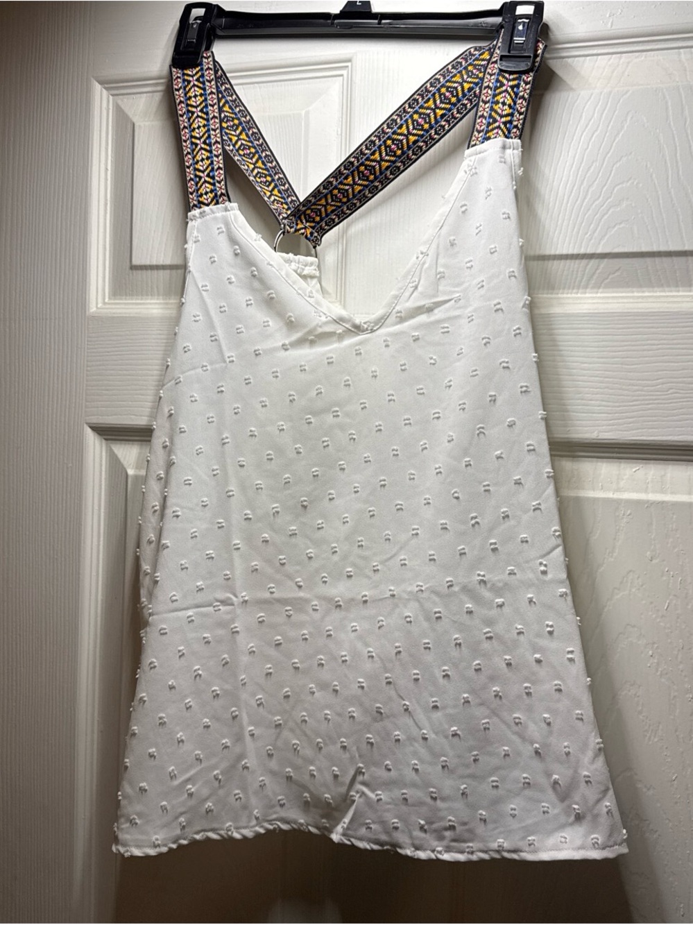 White Textured Swiss Dot Tank with Patterned Straps